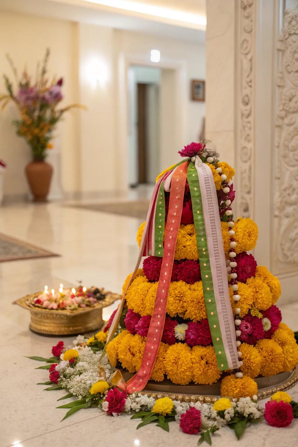 Ribbons and beads add a touch of elegance to the Bathukamma.