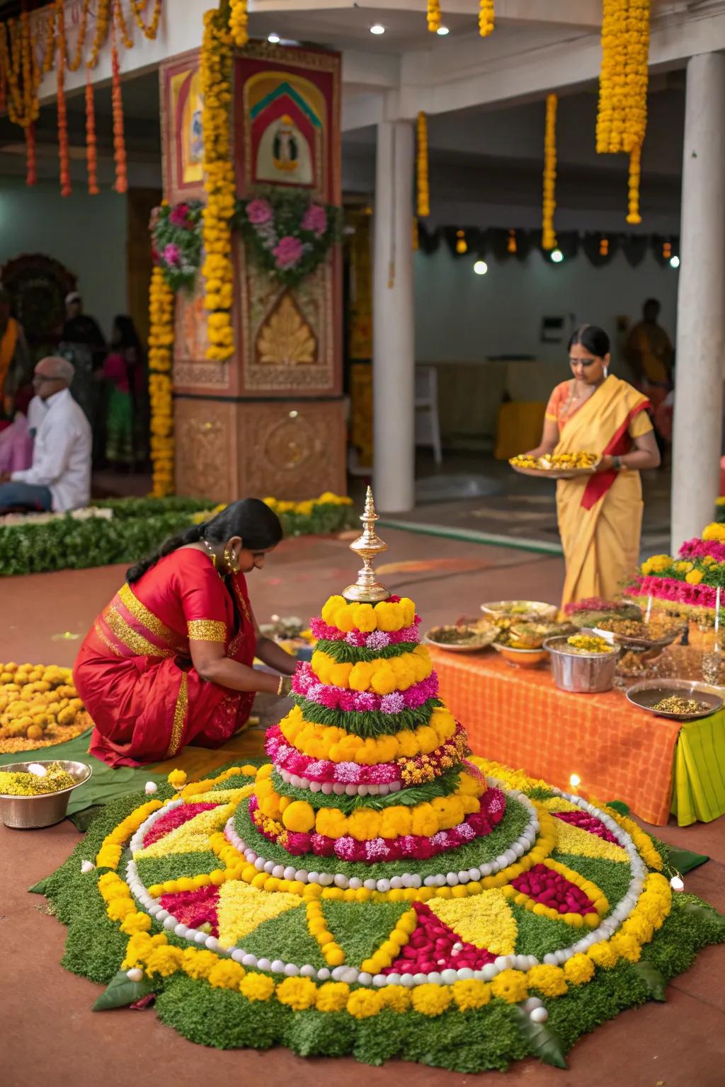 Traditional motifs bring cultural richness to the Bathukamma.