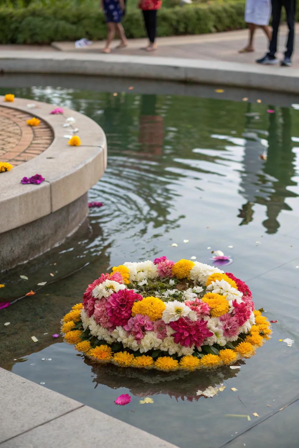 A floating Bathukamma creates a serene, magical ambiance.