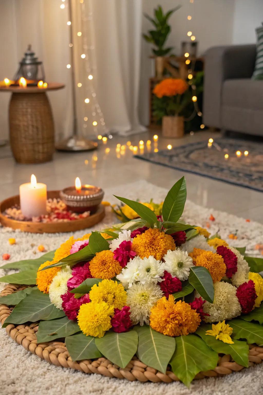 A mix of textures adds depth and intrigue to the Bathukamma.