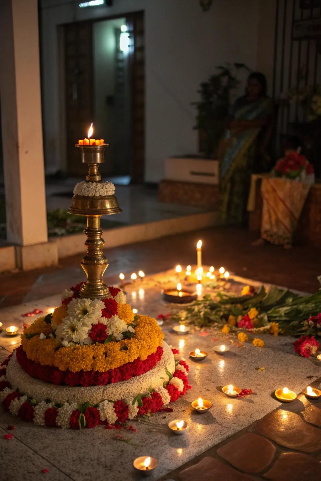 Tea lights add a cozy glow to the Bathukamma display.