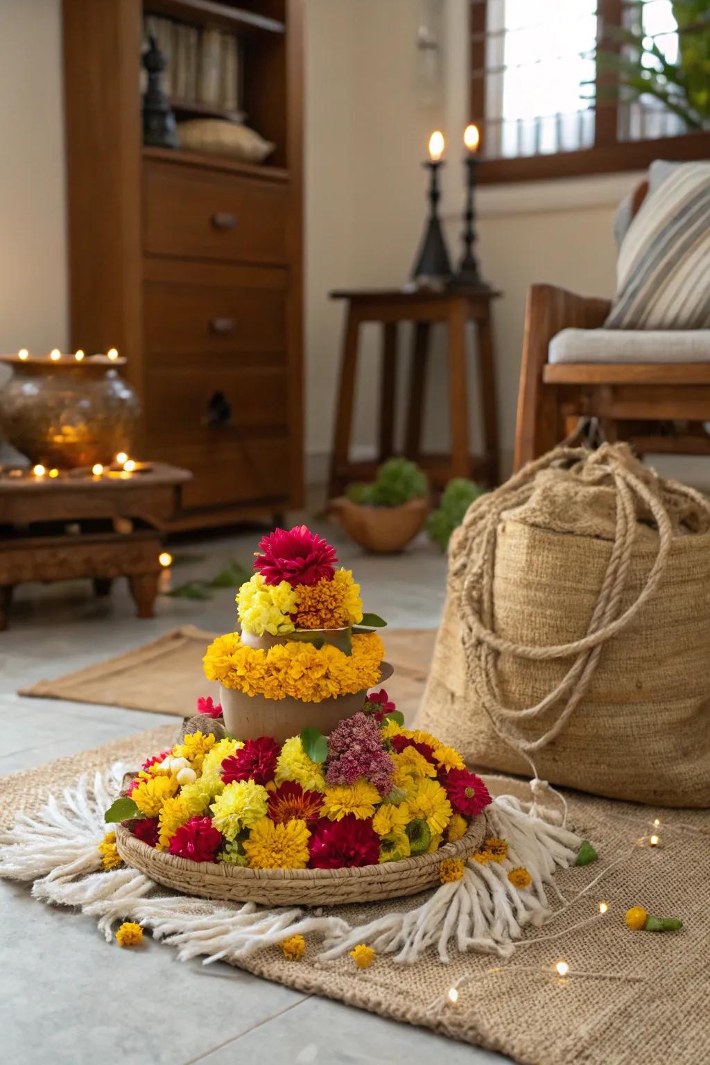 Rustic elements add a charming, homey feel to the Bathukamma.