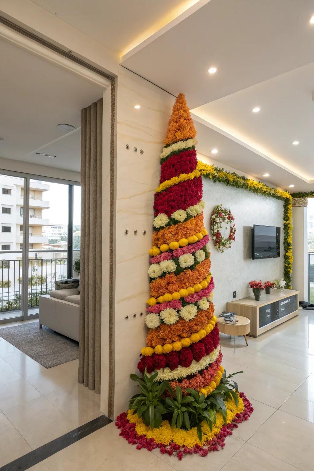 A vertical wall display offers a modern take on Bathukamma.