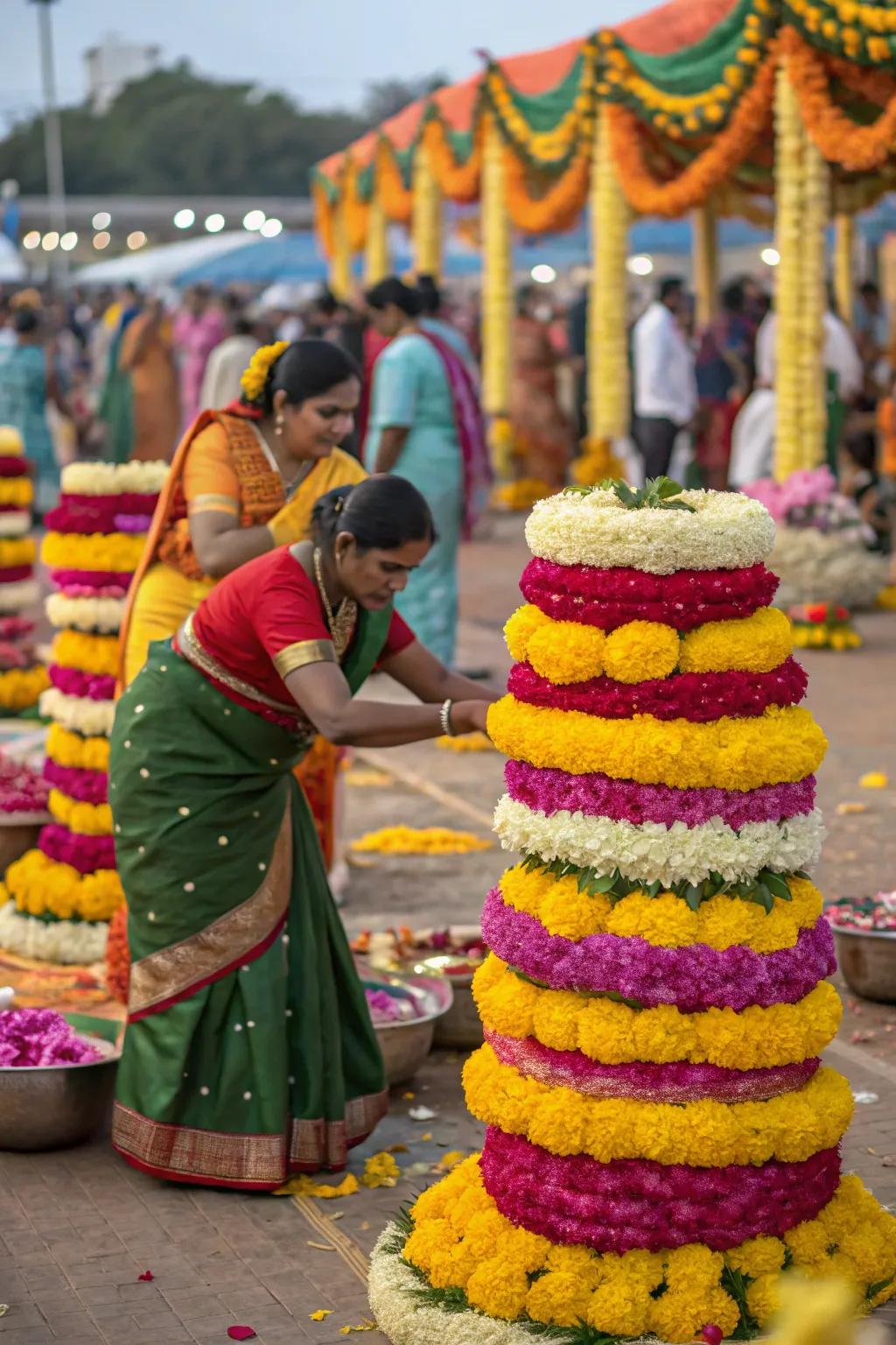 Colorful sprays bring excitement and vibrancy to the Bathukamma.