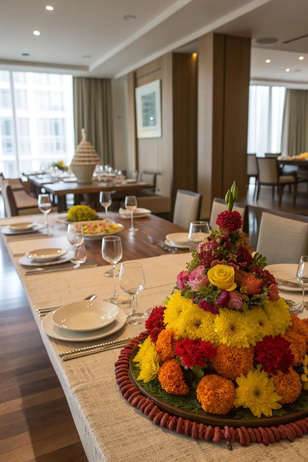 A Bathukamma centerpiece adds cultural flair to any table.