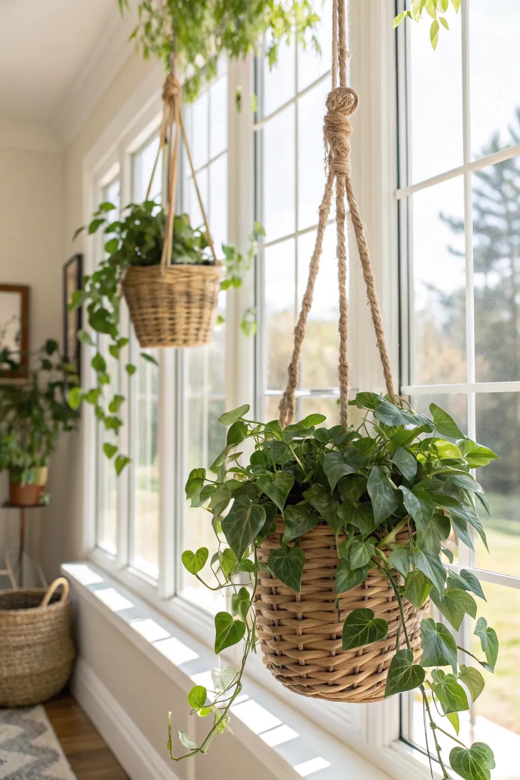 Pothos plants elegantly trailing from hanging baskets.