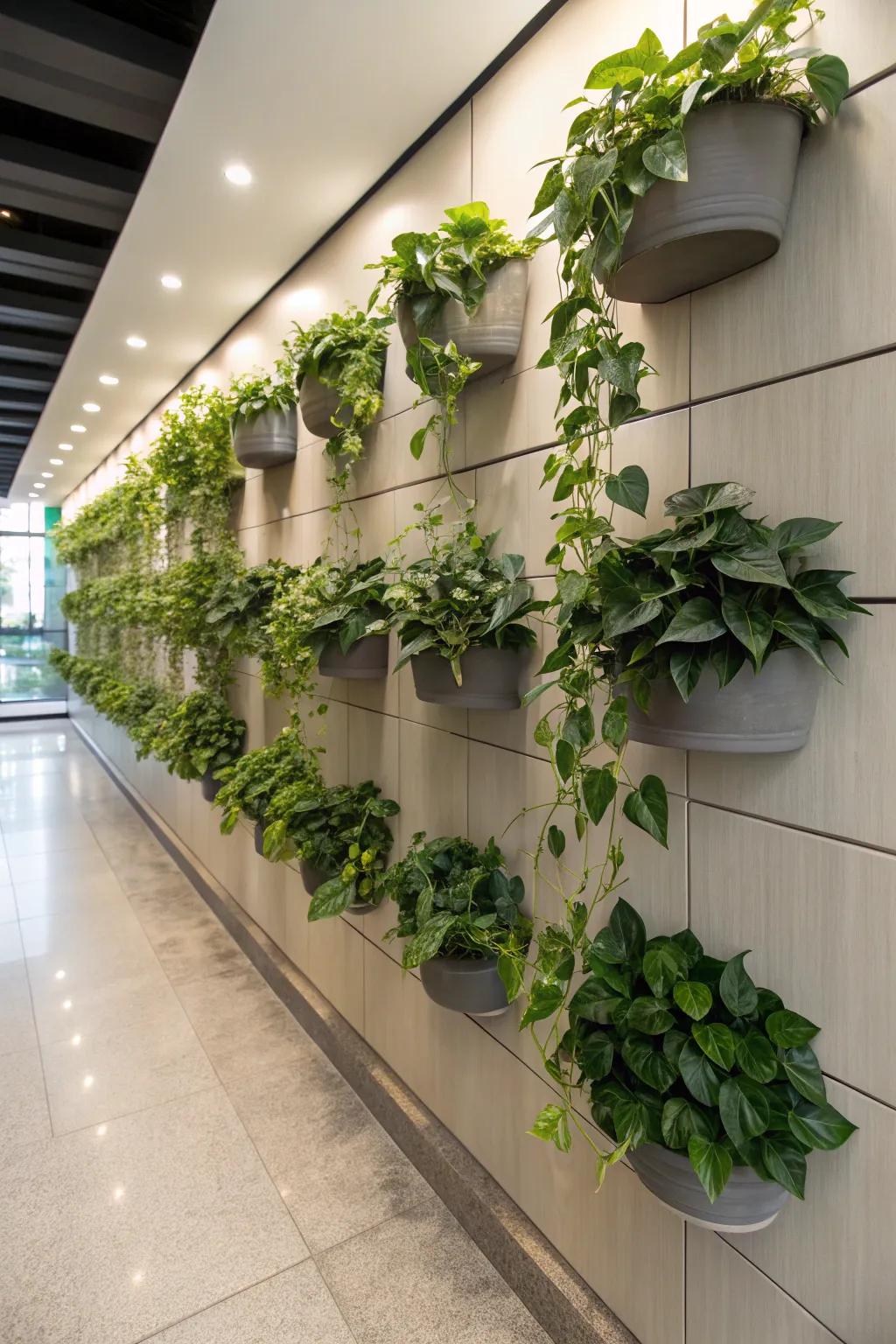 Wall-mounted planters create a living gallery.