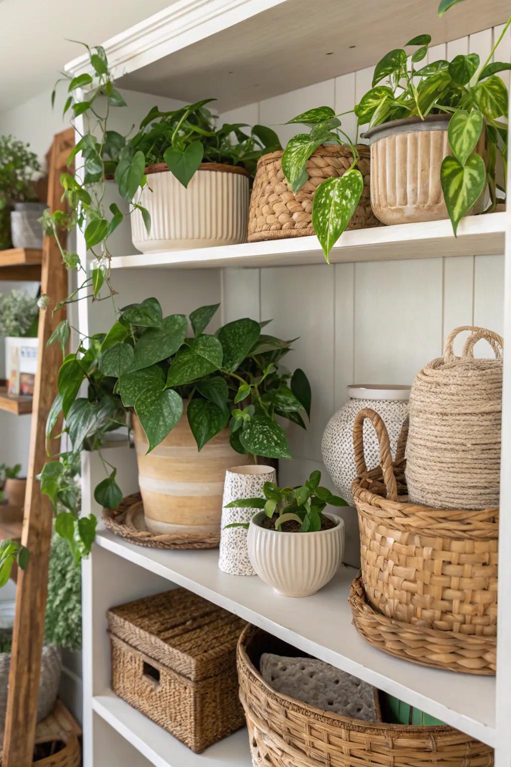 Boho chic styling with pothos plants.