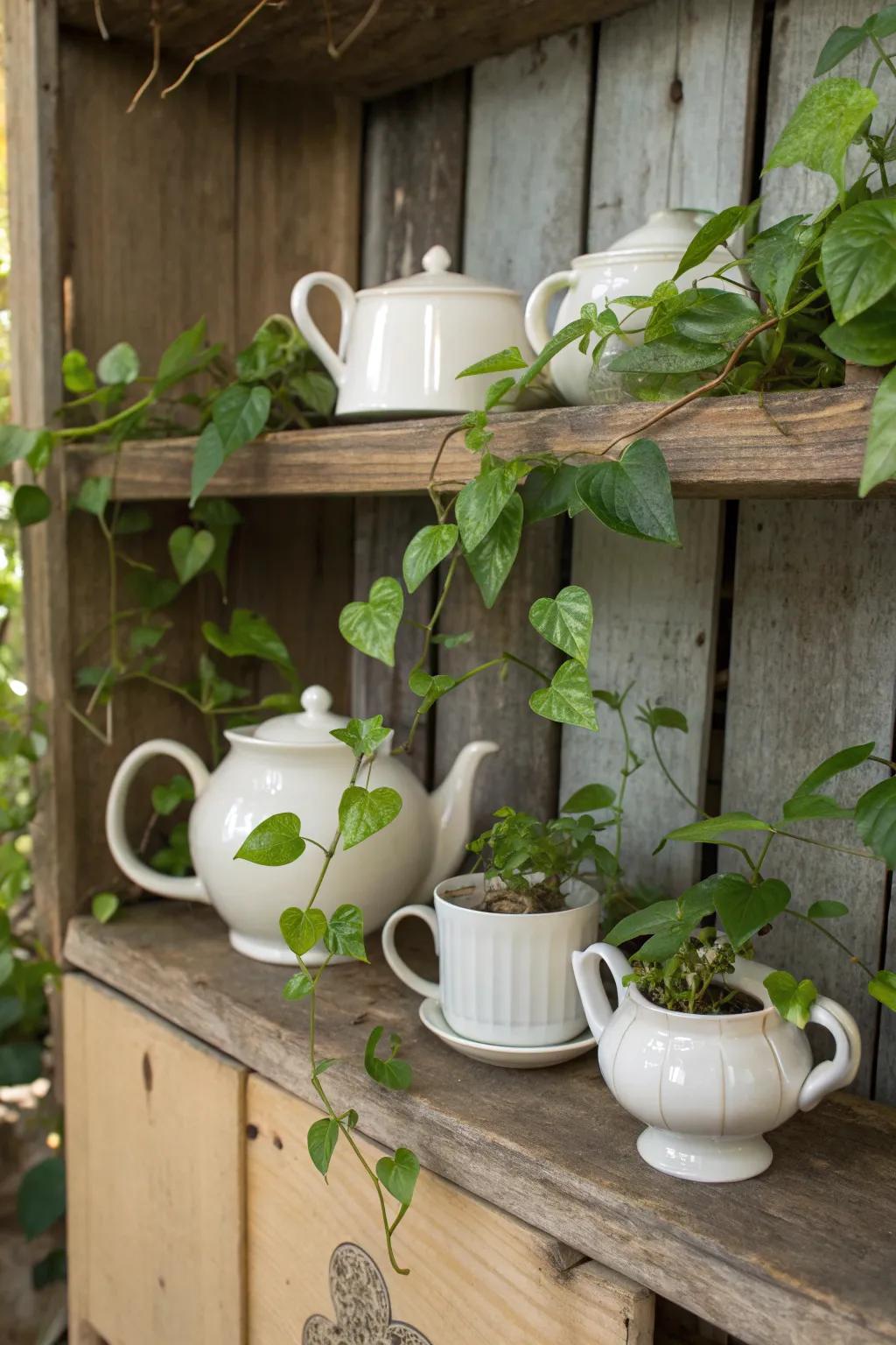 Repurposed containers add charm and sustainability.