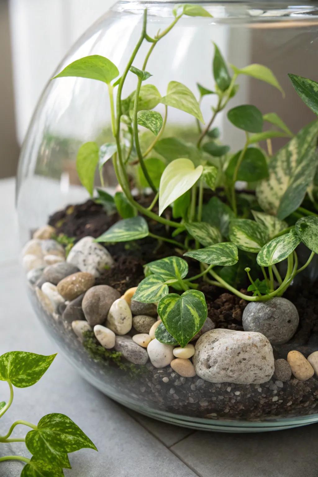 Terrariums offer a mini-world for pothos plants.