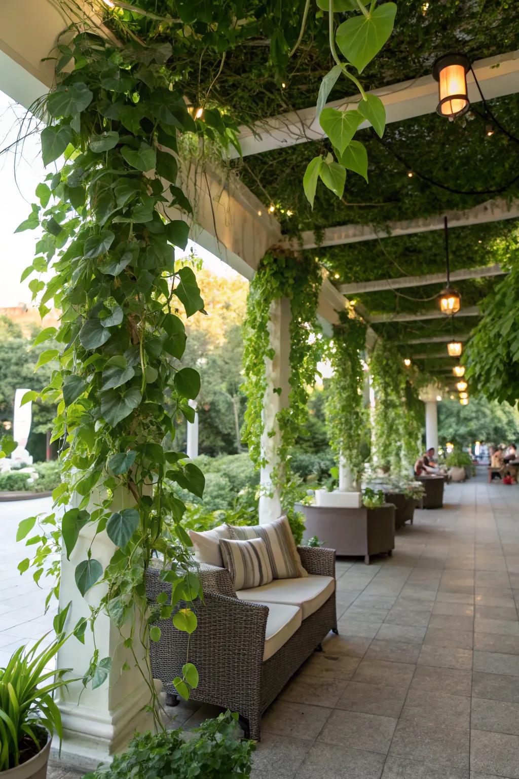 Pothos adds a tropical touch to outdoor patios.