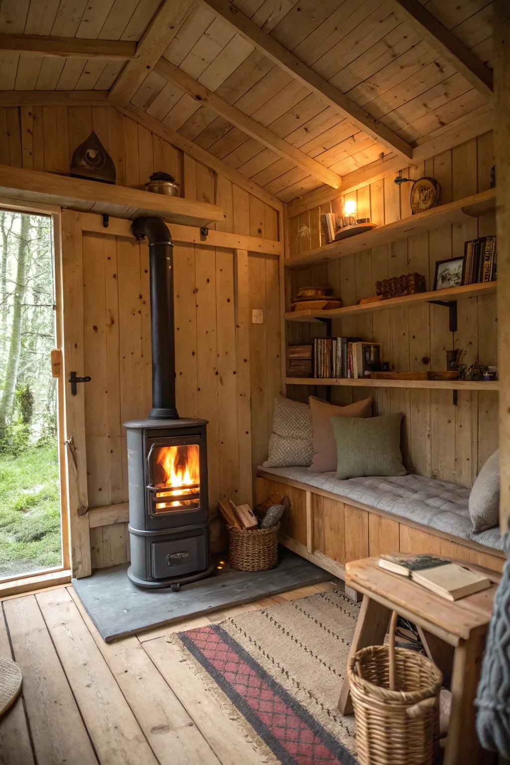 A traditional wood-burning stove adds warmth and charm to any shed.