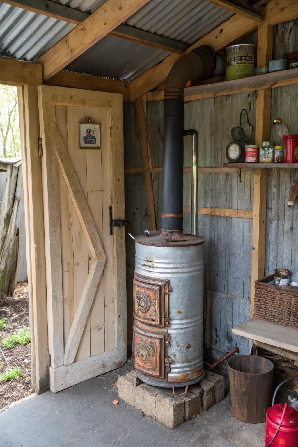 Turn old materials into a unique, functioning heater for your shed.
