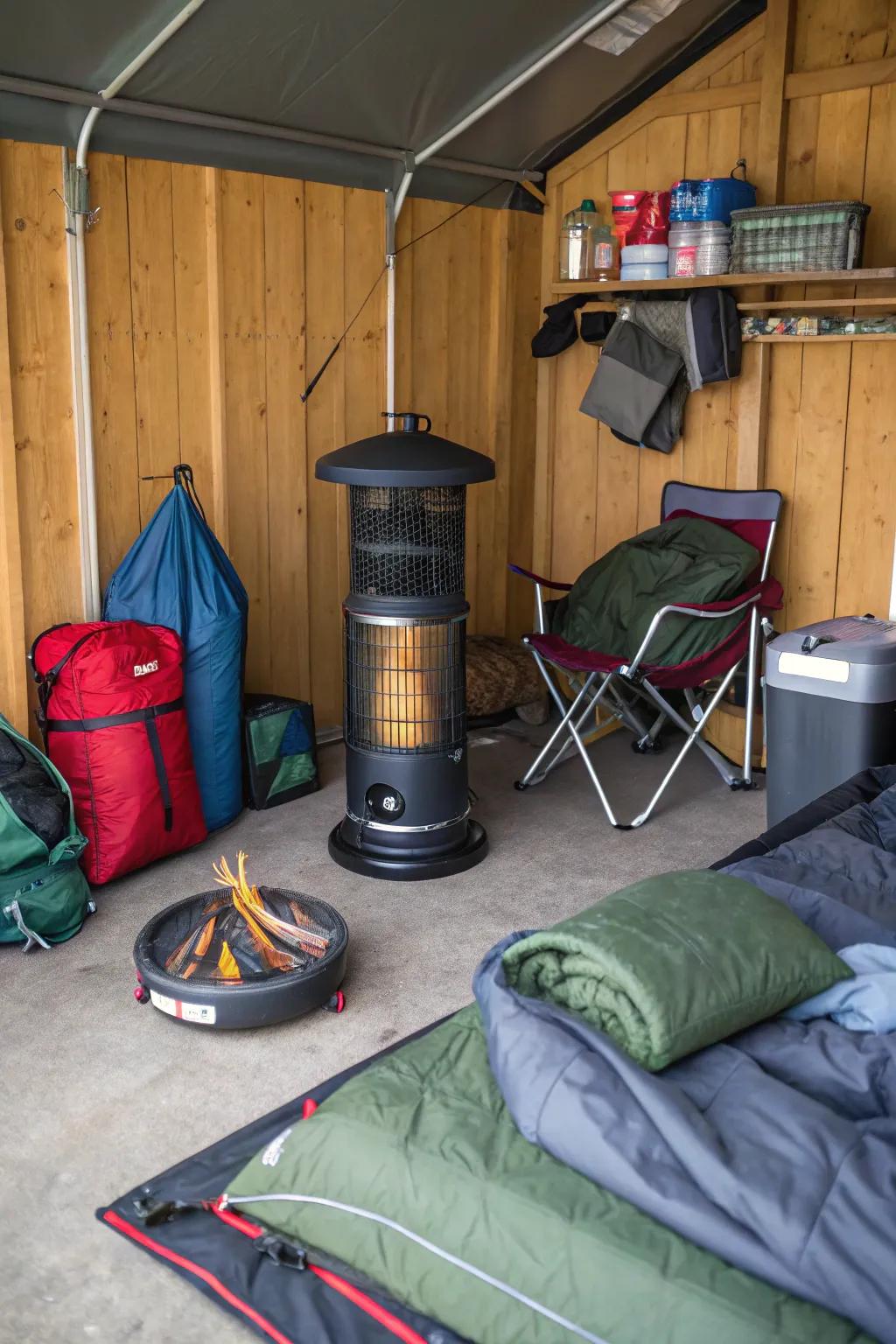 Tent heaters provide flexible and portable warmth for shed use.