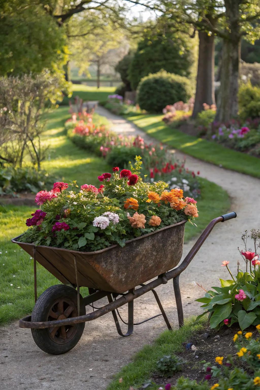 A vintage wheelbarrow bursting with colorful flowers in a lush garden.