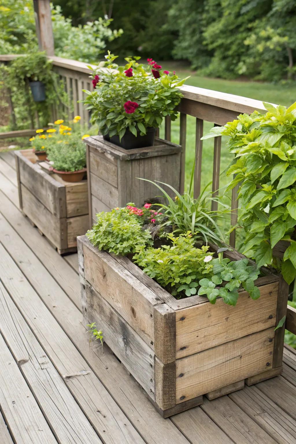 DIY rustic wood planter boxes filled with greenery on a cozy deck.