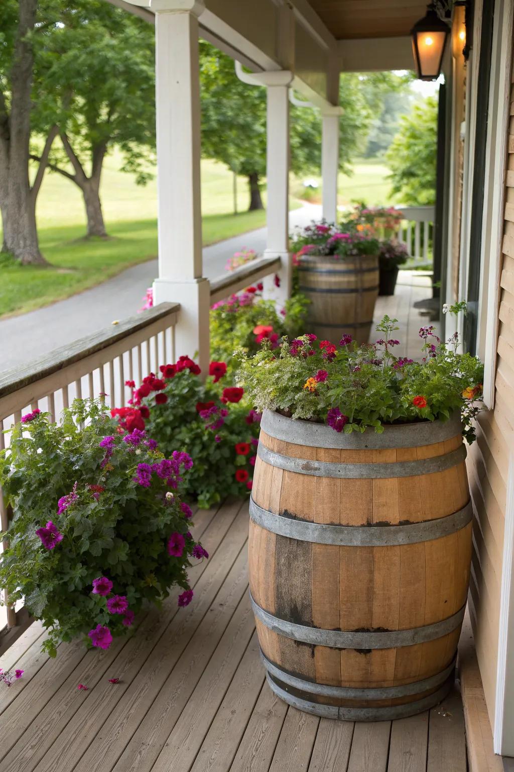 Half wine barrels overflowing with summer blooms on a welcoming porch.