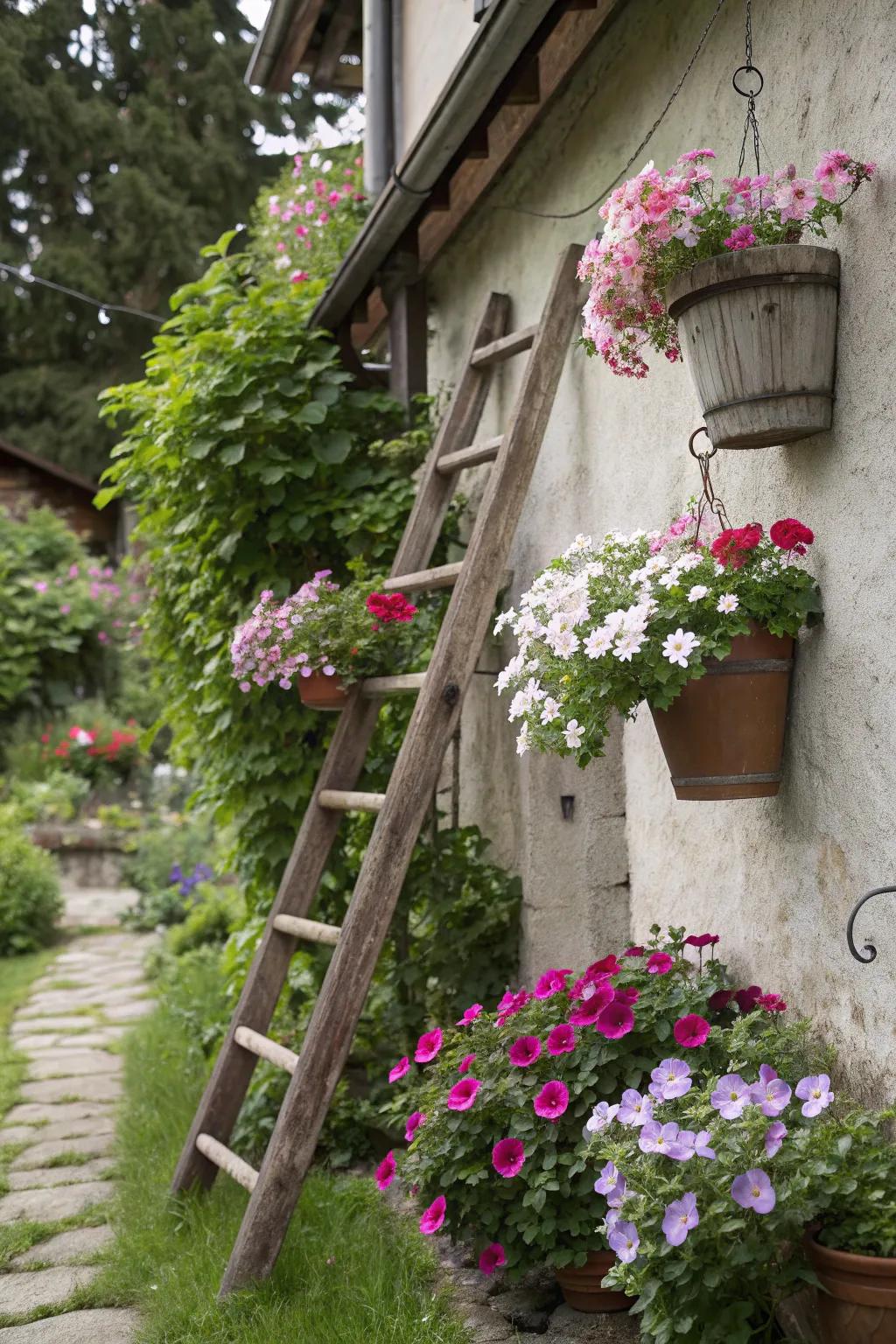 A rustic ladder repurposed as a plant stand, adorned with cascading flowers.