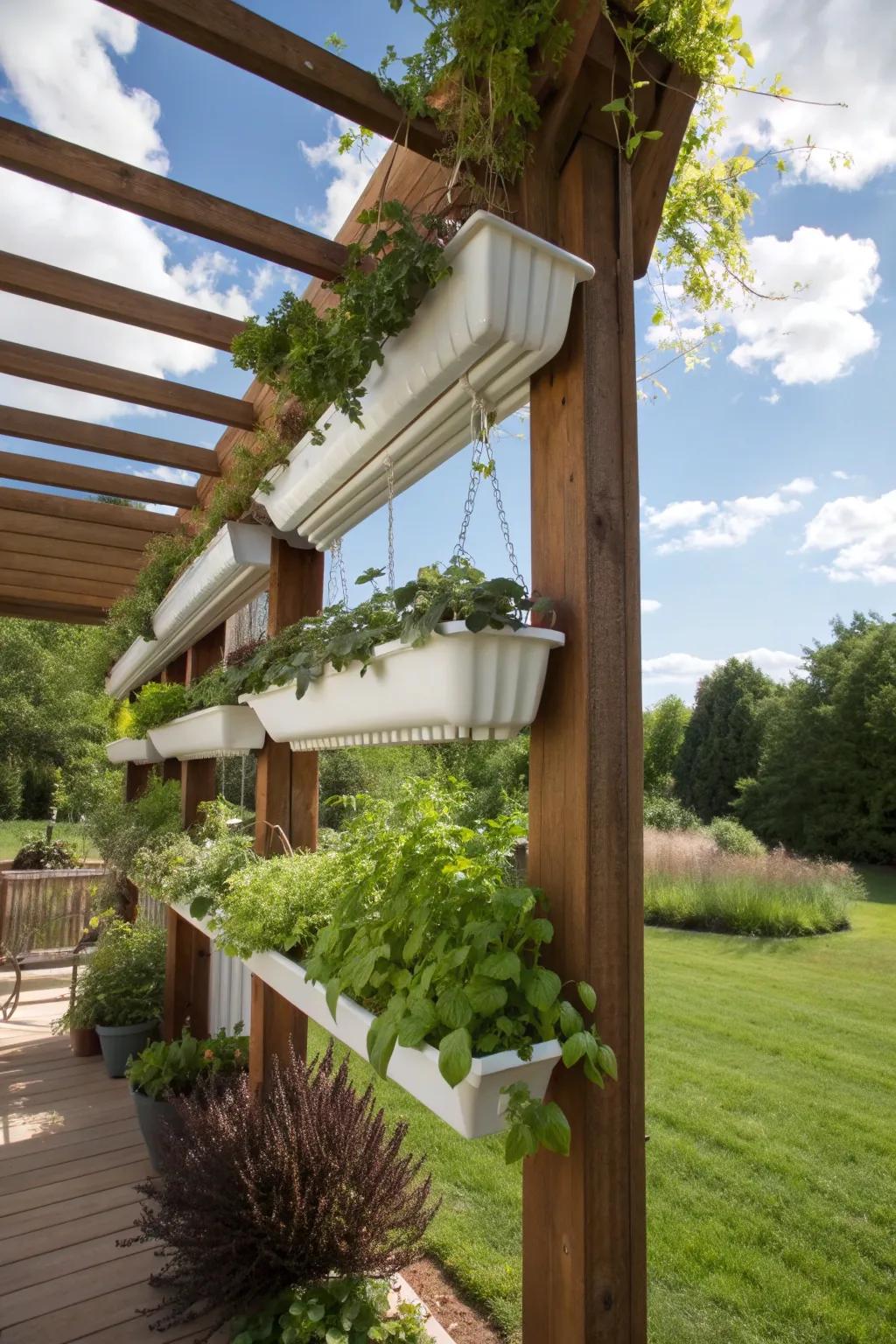 Hanging gutter planters filled with herbs and trailing plants, adding vertical charm to the garden.