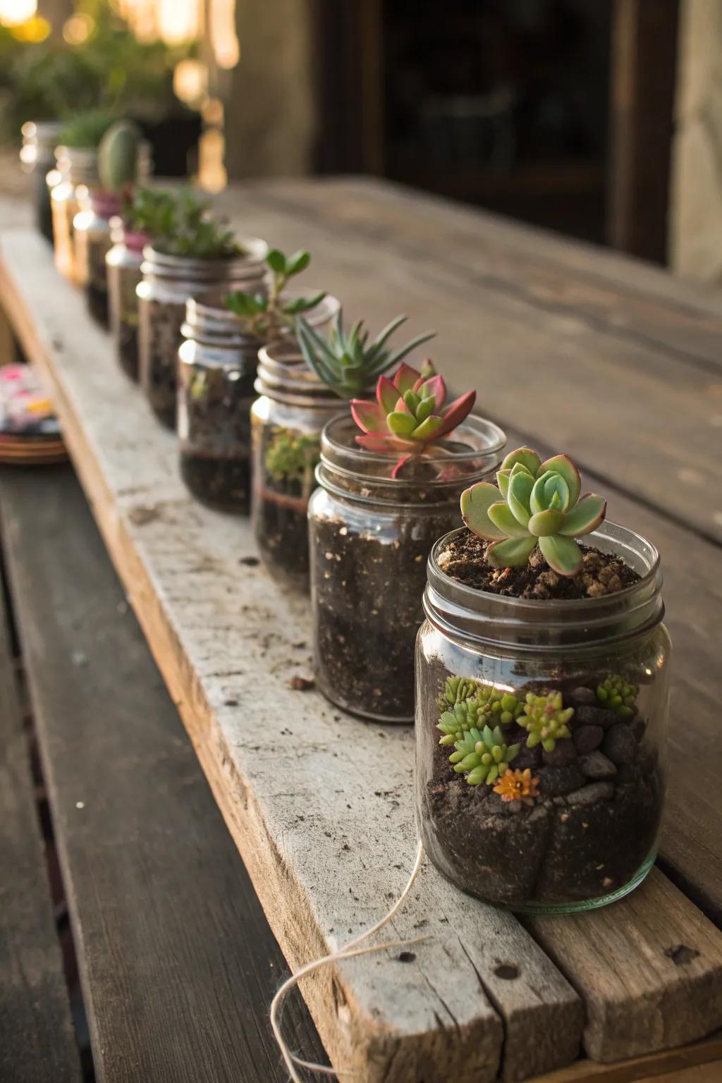 Mason jars filled with succulents, creating a charming display on a rustic tabletop.