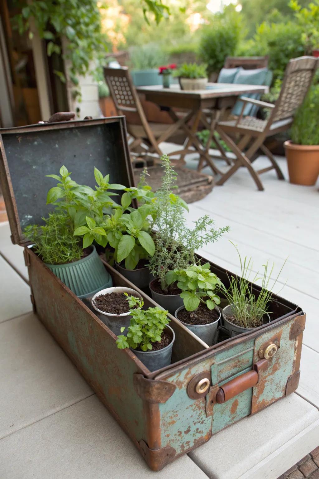 A vintage toolbox filled with a variety of herbs, adding charm to the patio.