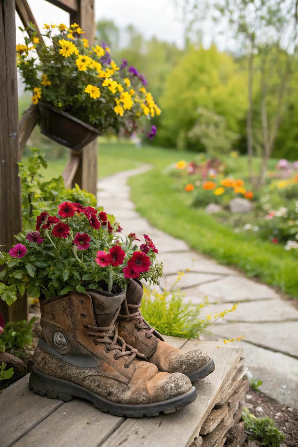 Old boots repurposed as planters, adding a whimsical touch to the garden.