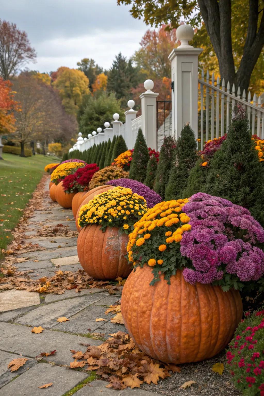 Pumpkin planters overflowing with chrysanthemums, adding a festive touch to the fall garden.
