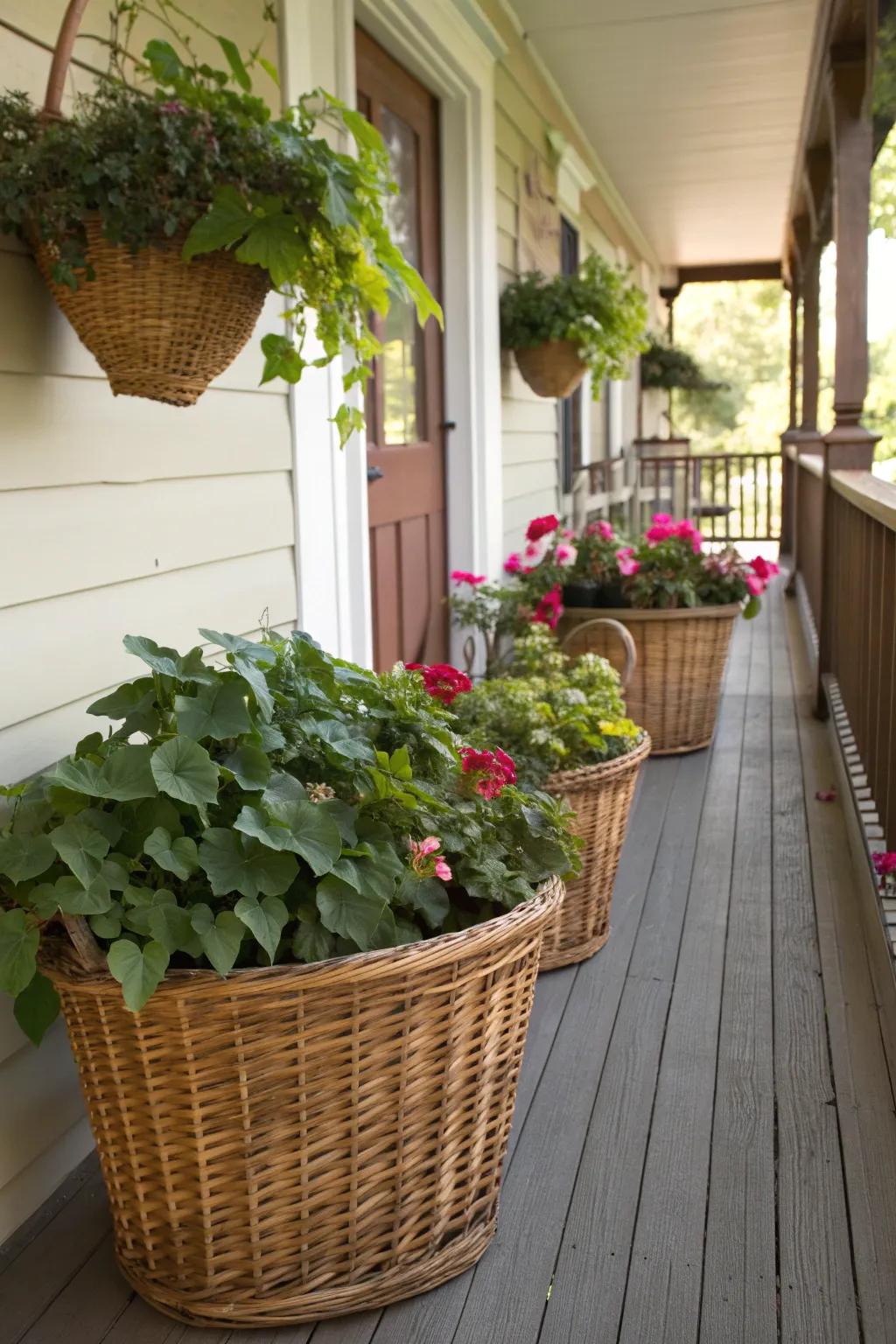 Wicker baskets filled with potted plants, adding warmth and texture to a porch.