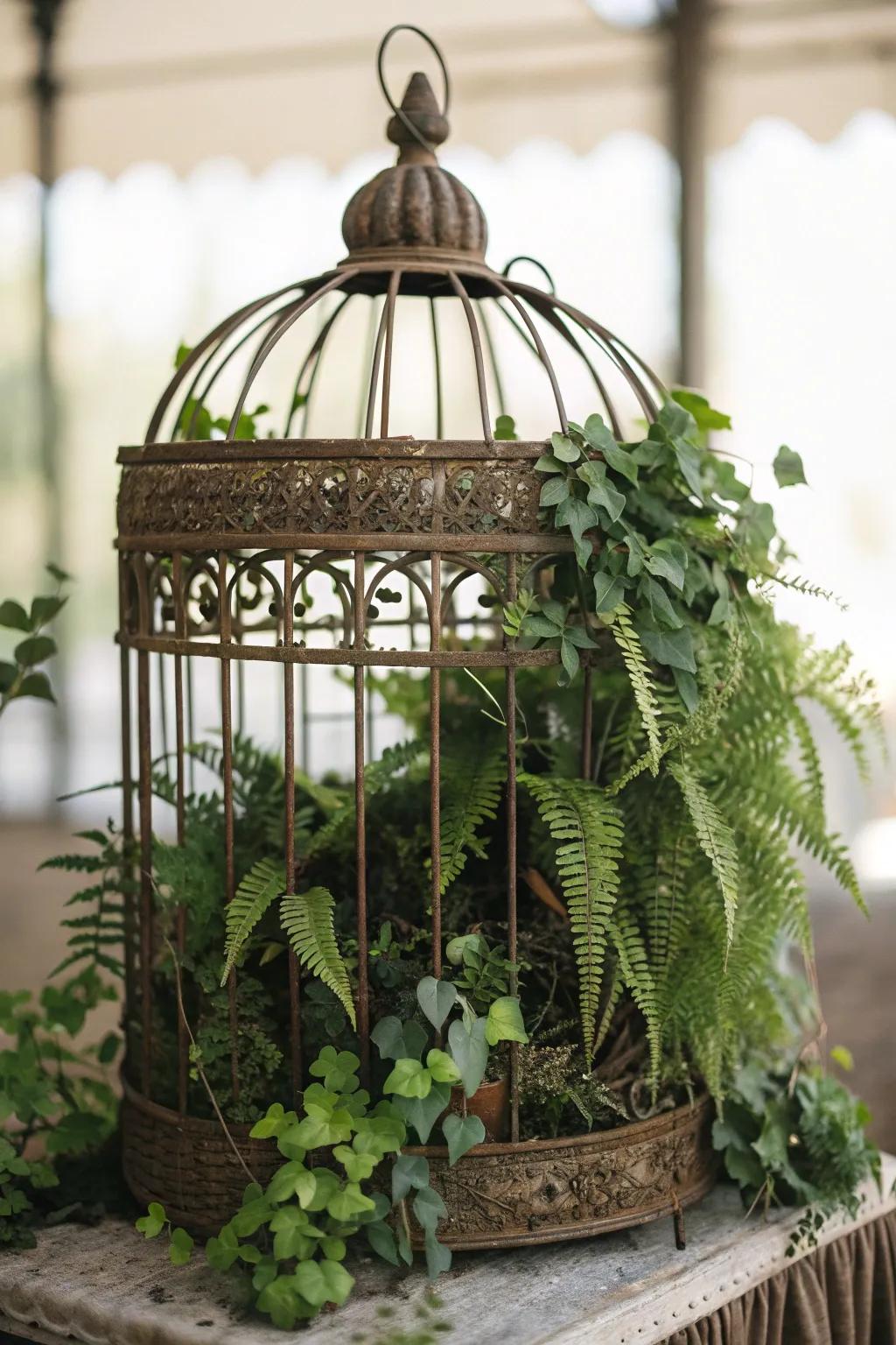 A vintage birdcage repurposed as a planter, filled with ferns and climbing plants.