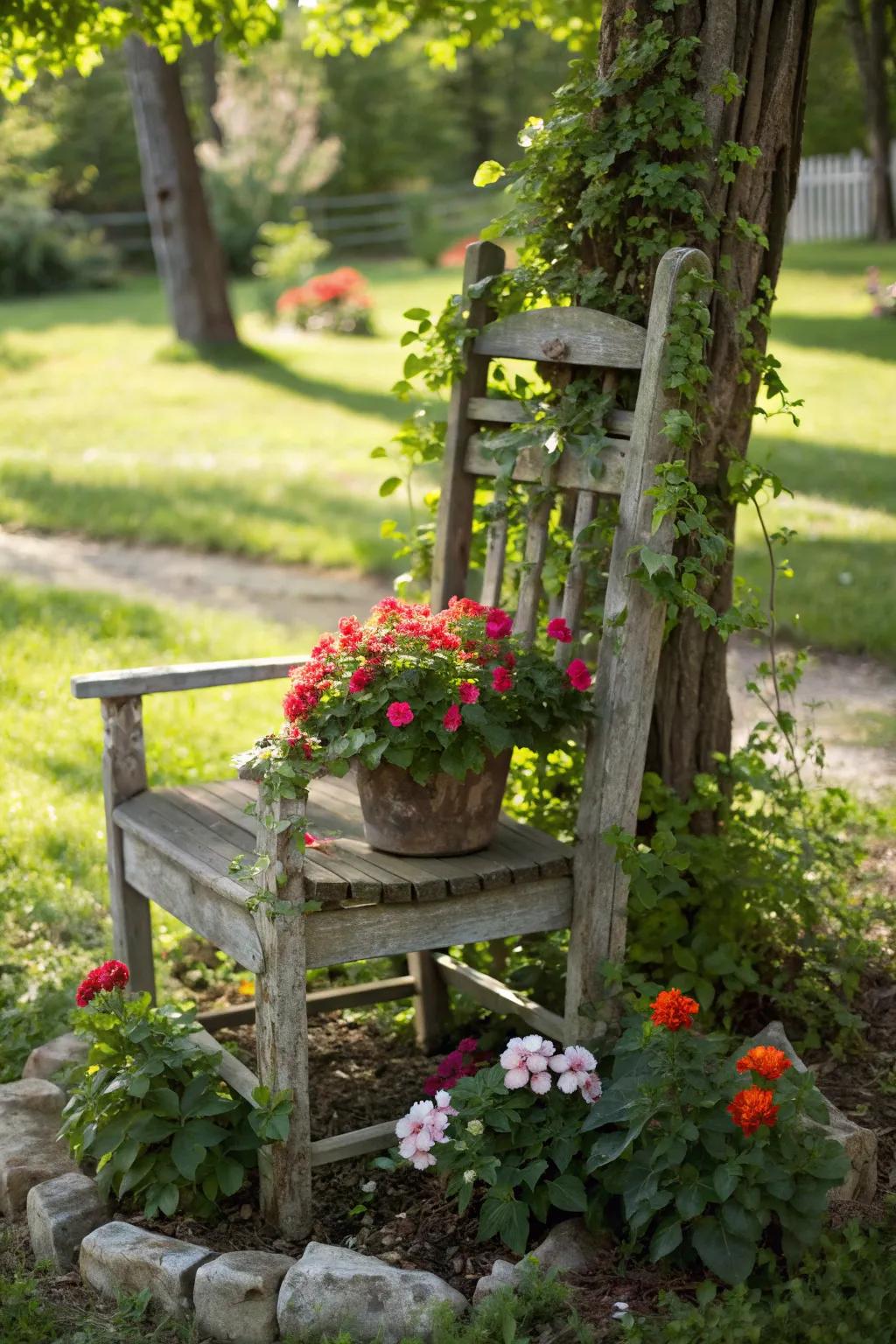 An antique chair transformed into a charming planter, filled with vibrant flowers.