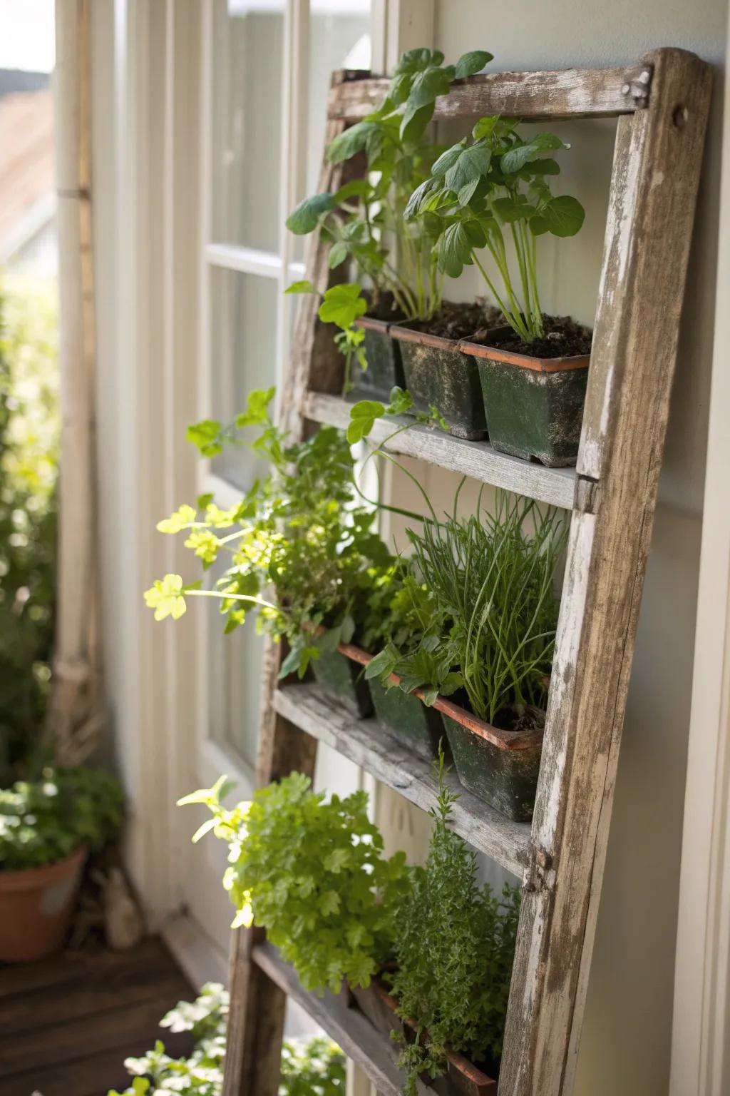 A reclaimed window frame repurposed into a vertical planter, showcasing a variety of herbs.