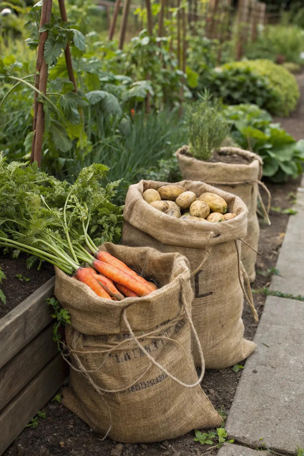 Burlap sacks filled with root vegetables, adding rustic charm to the garden.