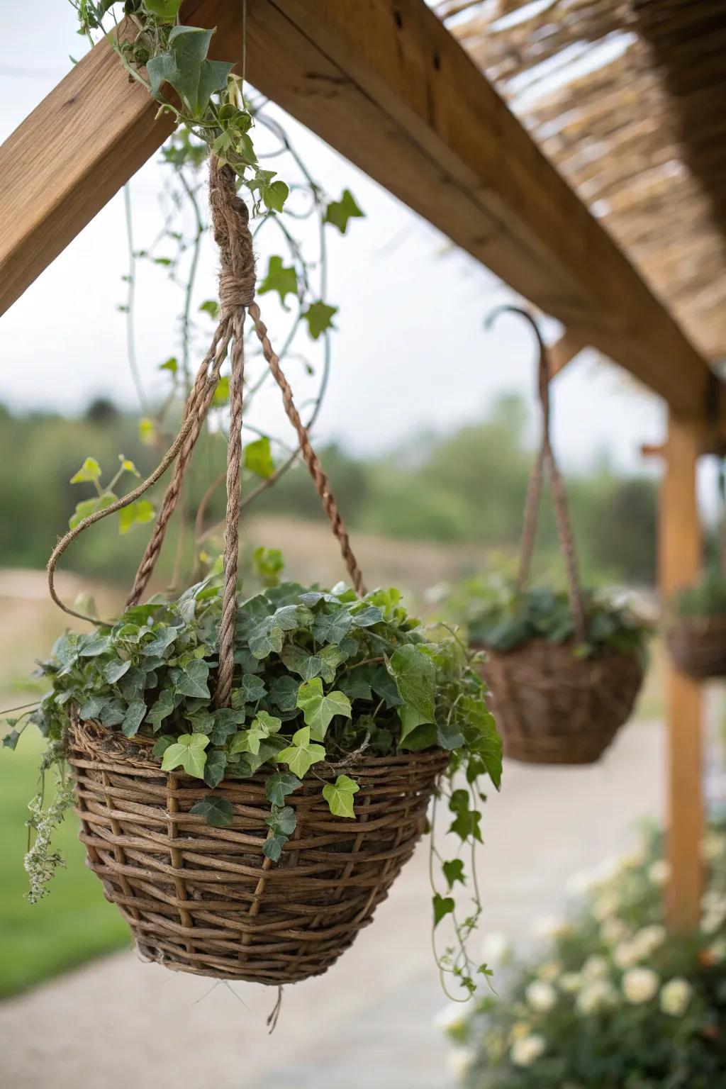 Rustic hanging baskets filled with trailing ivy, creating a relaxed, organic look.
