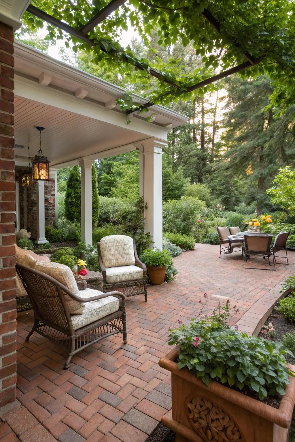 A classic brick patio that exudes warmth and charm, ideal for outdoor gatherings.