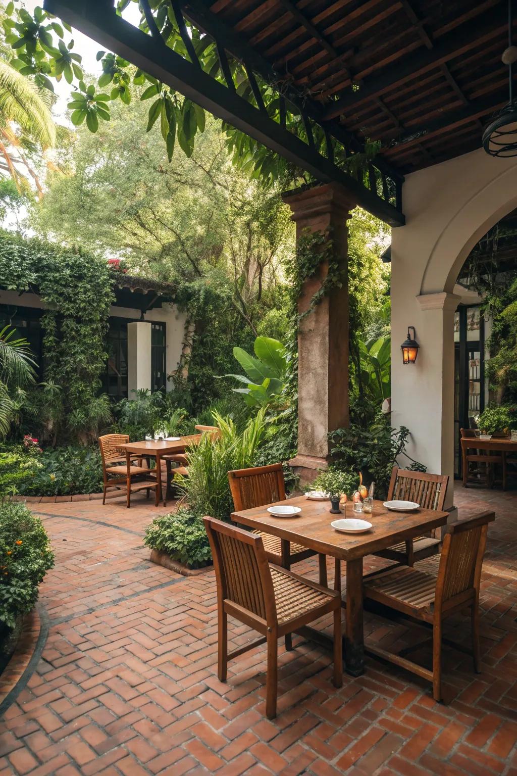 A rustic dining space with brick flooring, ideal for outdoor feasts.