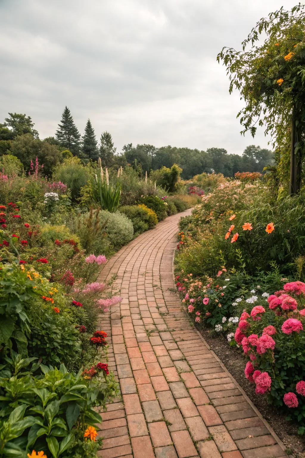 A delightful garden pathway with brick flooring, seamlessly blending with nature.