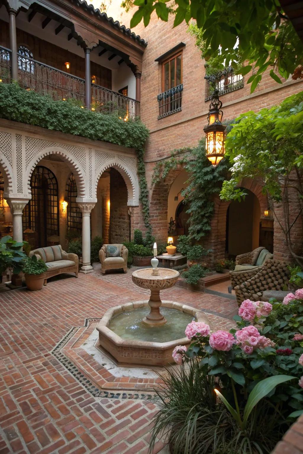 A serene courtyard with brick flooring, ideal for peaceful moments.