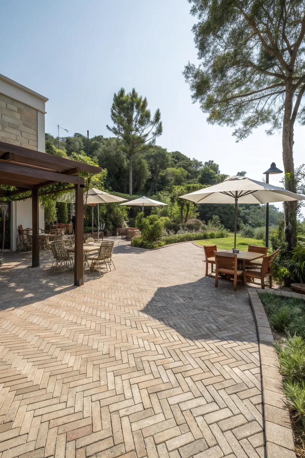 An outdoor patio showcasing a herringbone brick pattern for added flair.