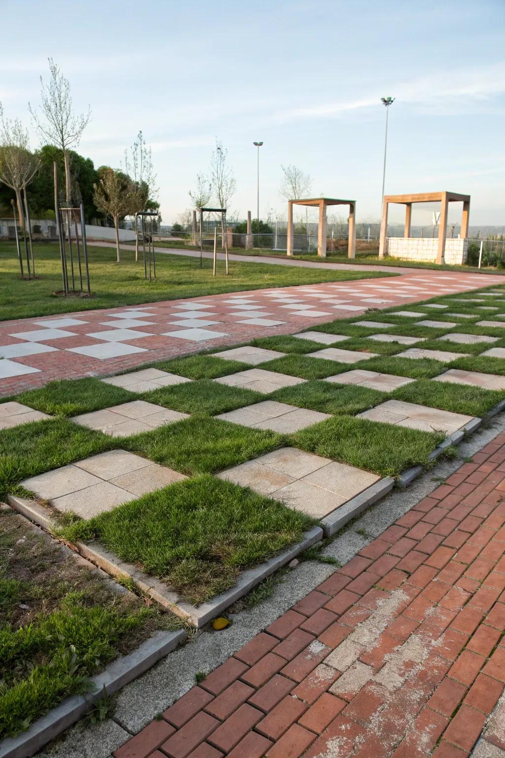 A creative combination of brick and grass for a playful outdoor design.
