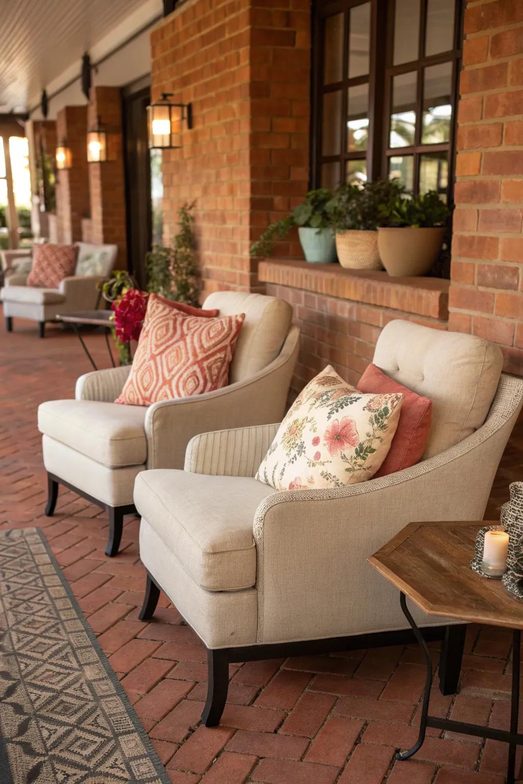 A cozy seating nook with brick flooring, perfect for relaxation.