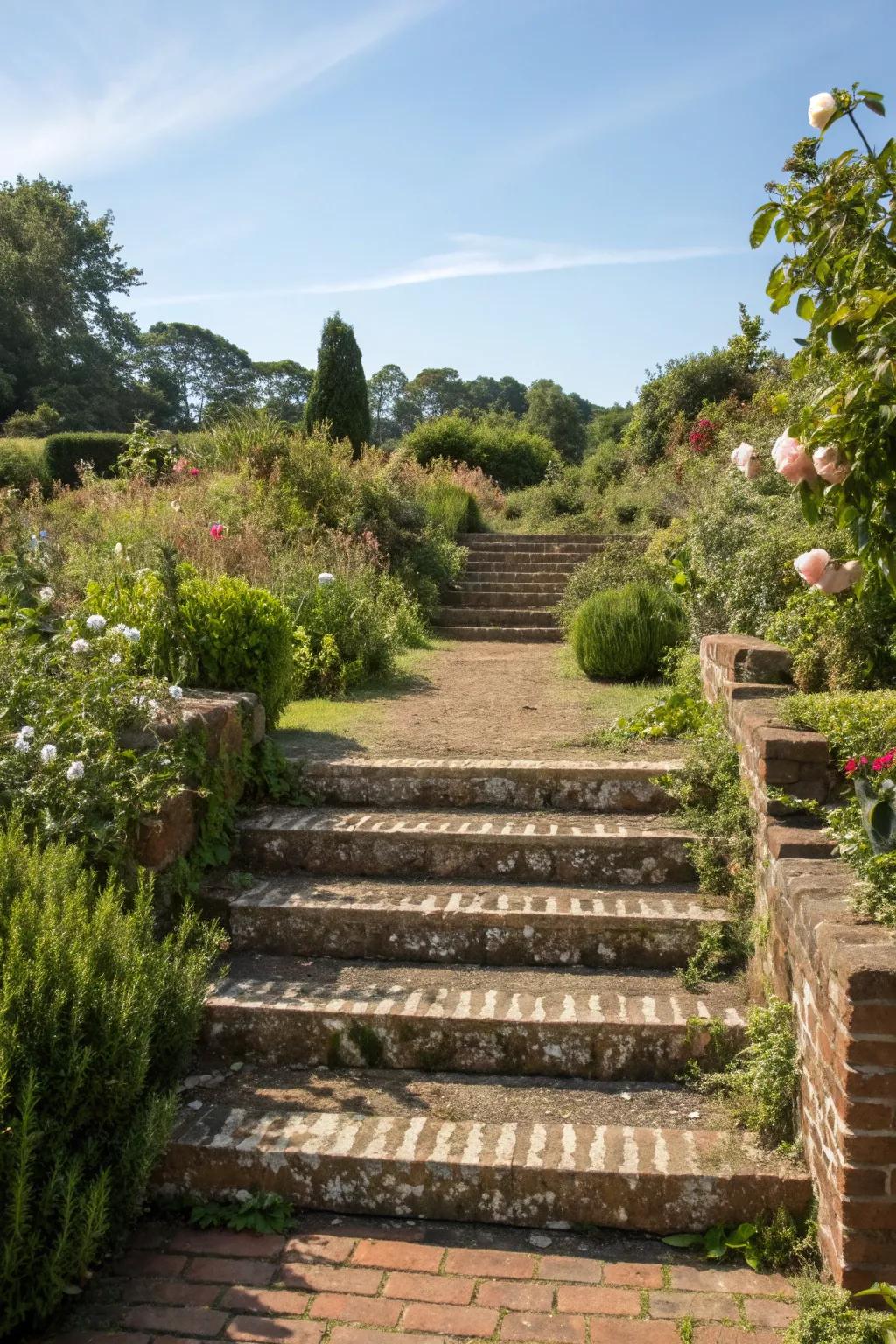 Charming brick steps providing a graceful transition in a garden setting.