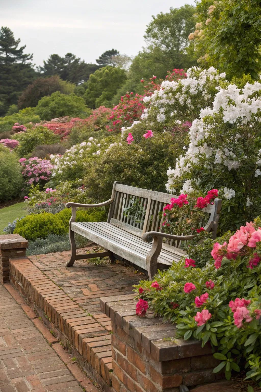 A garden bench beautifully framed by a brick platform and vibrant flora.