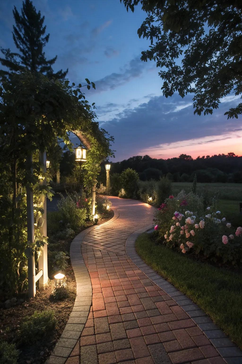A softly lit brick path creating a magical ambiance at night.