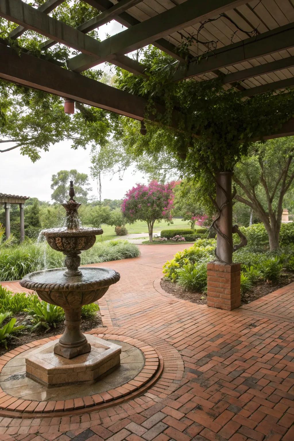 Brick flooring harmonizing with a water feature to create a peaceful retreat.