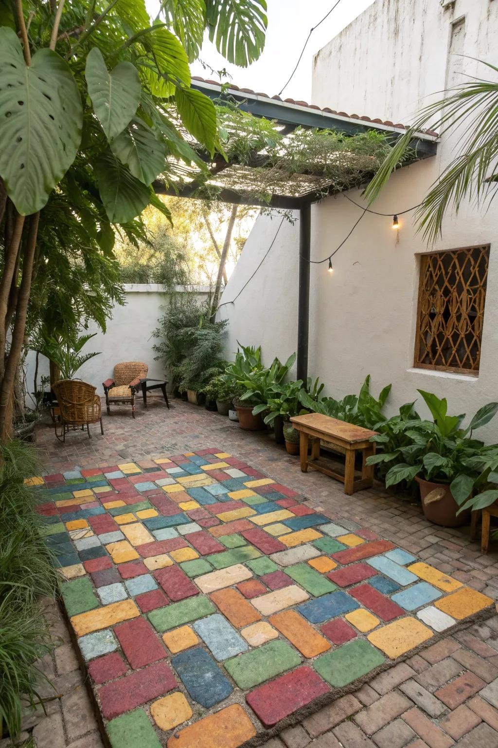 A vibrant brick mosaic adding artistic flair to an outdoor space.