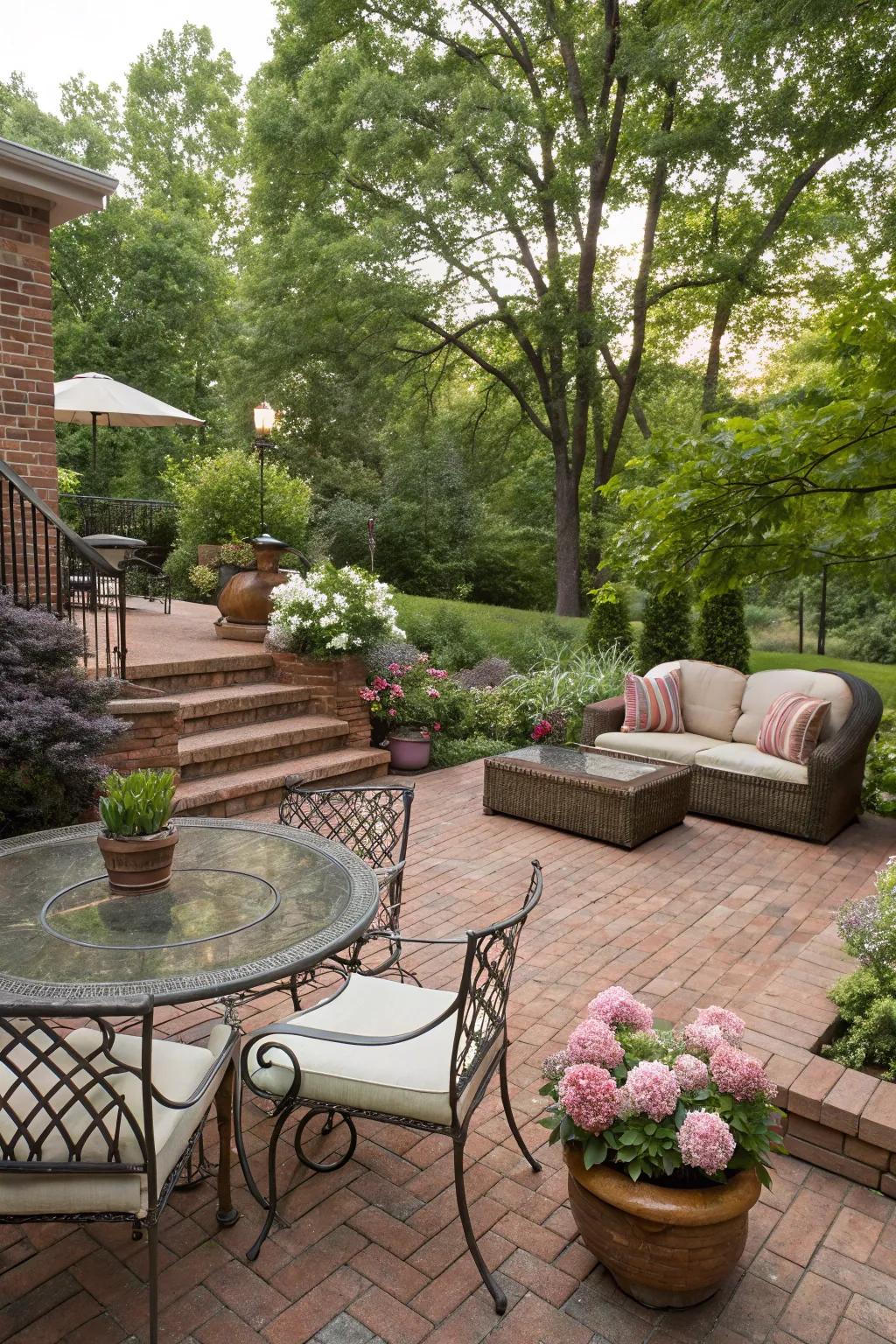 A raised brick patio offering a stylish and elevated outdoor area.