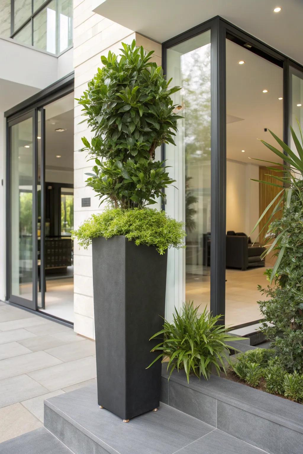 Tall square planters make a bold statement in any entrance.