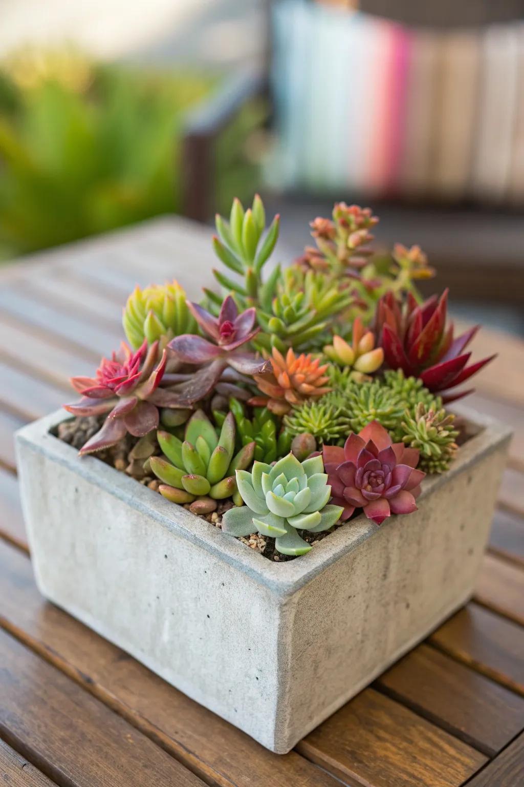 Succulents in square planters offer a trendy, low-care option.