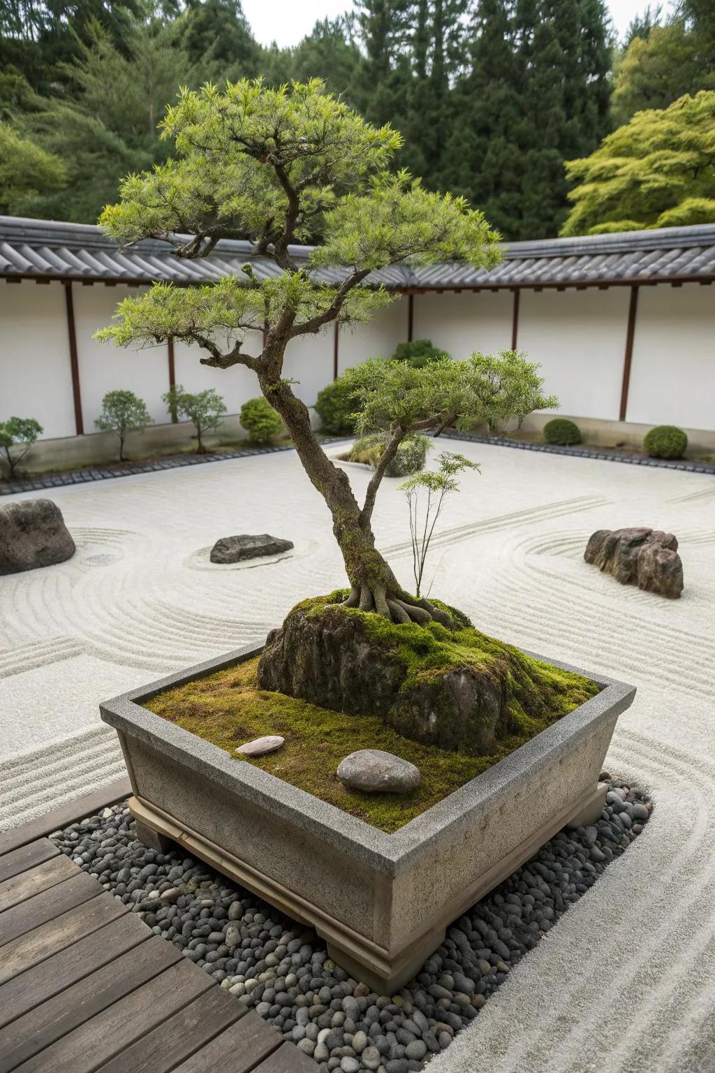 Minimalist plantings in square planters create a tranquil atmosphere.