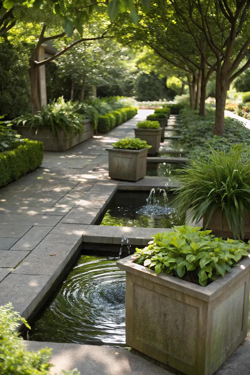 Planters with water features create a serene garden oasis.